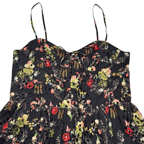 ALICE + OLIVIA Daisy Tiered Mini Dress Sz.10 Dark Floral Black Eyelet Tie-Front - Picture 10 of 16